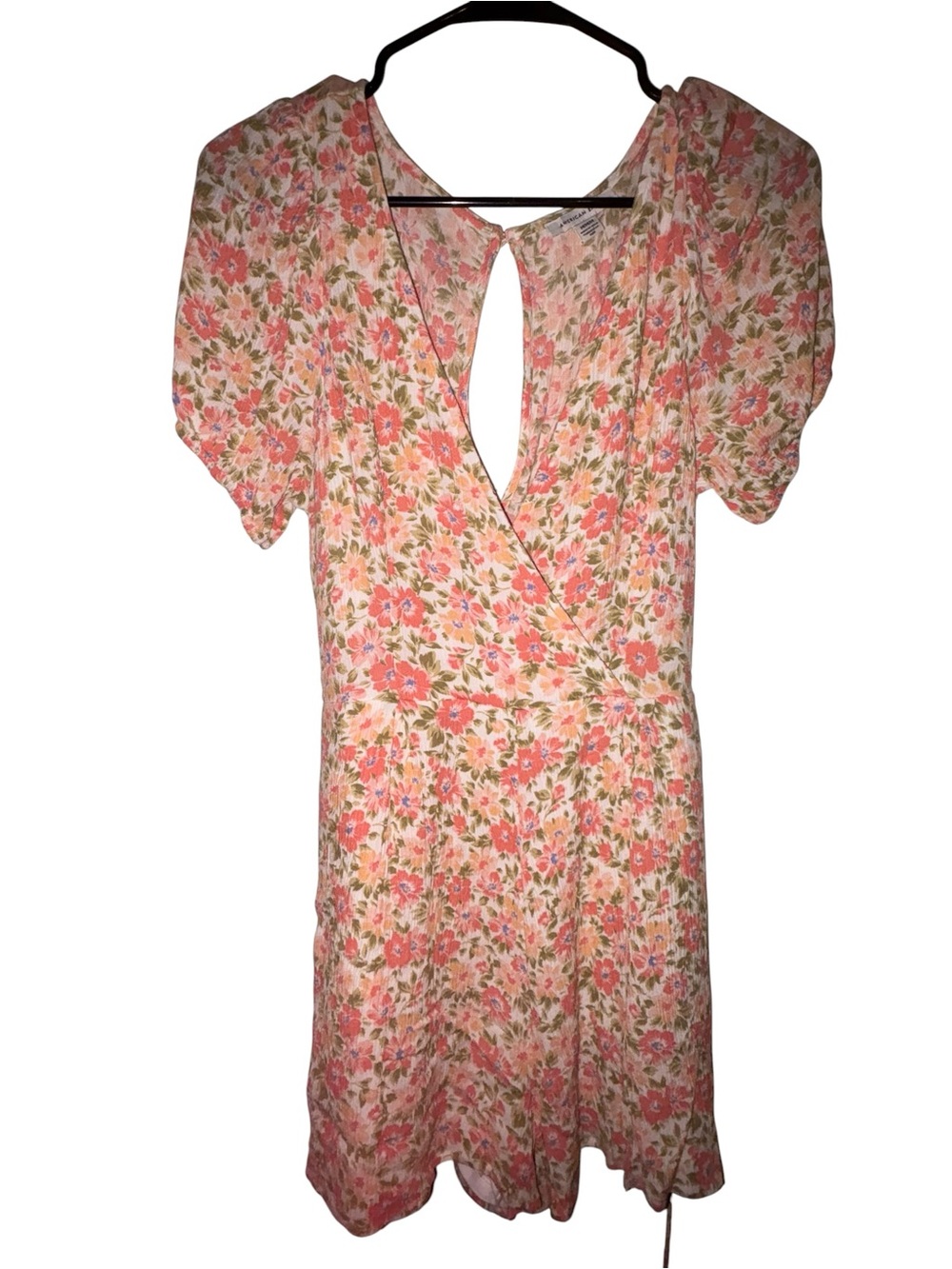 American Eagle Women’s Floral Mini Jumper Sz M Pink Cottagecore Puff Sleeve Boho